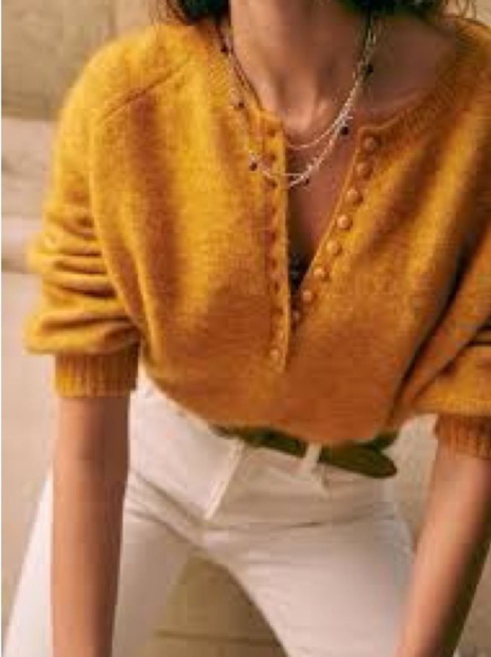 Sezane Mustard Button-Trim V-Neck Knit Sweater